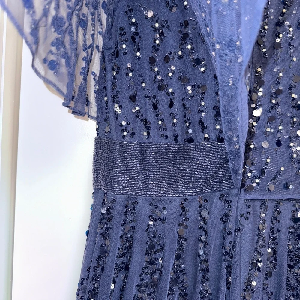 NWT | Mac Duggal Blue 93784 Midnight Blue Maxi Gown Flutter Sleeves Size 10 - Picture 11 of 15